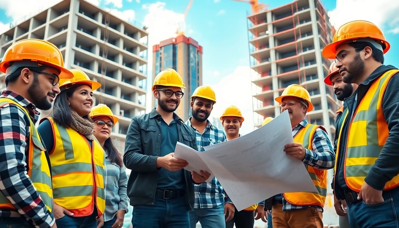Team engaged in a construction career at an active job site, showcasing tools and teamwork.
