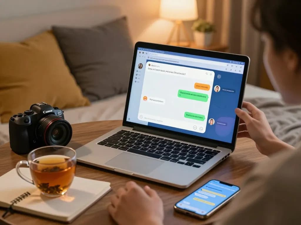 Engaging conversation in free AI sex chat on laptop in cozy bedroom.