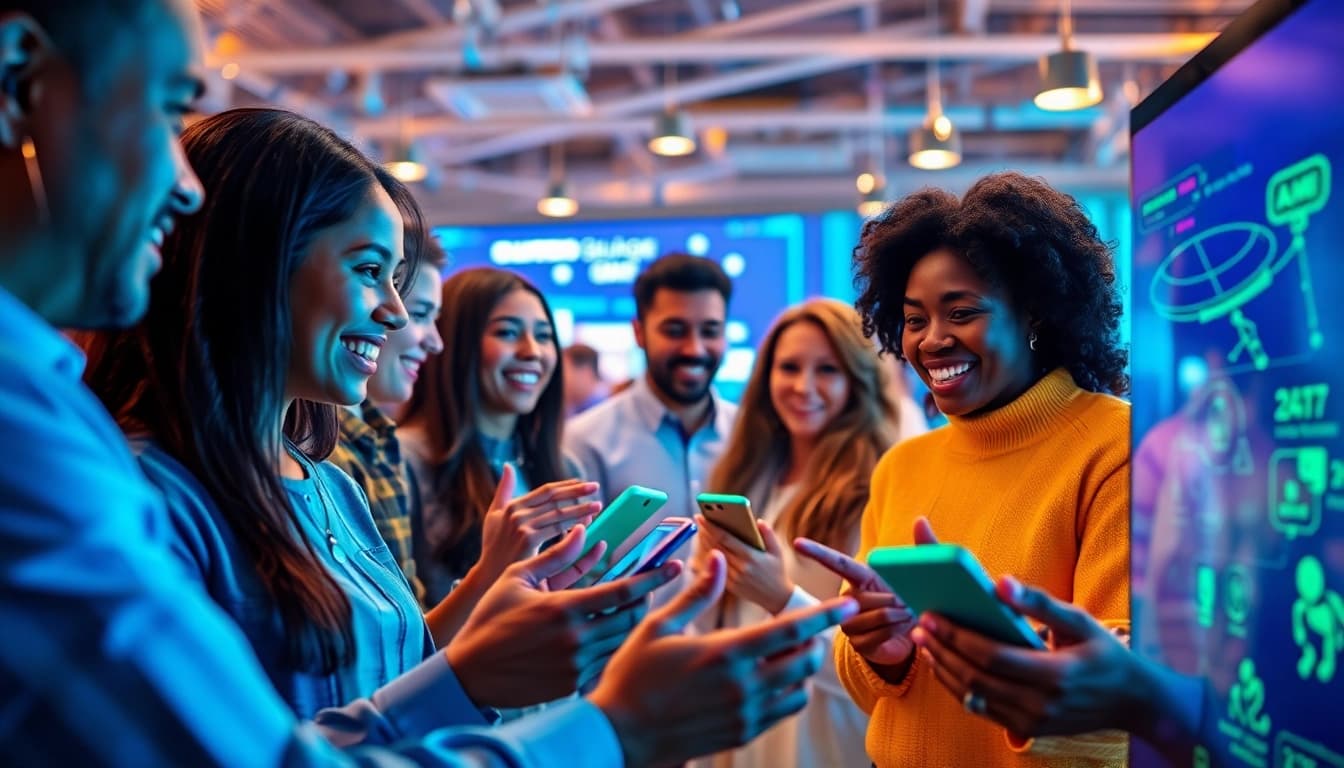 Engaged users interacting with crushon ai's innovative AI avatars in a modern setting.