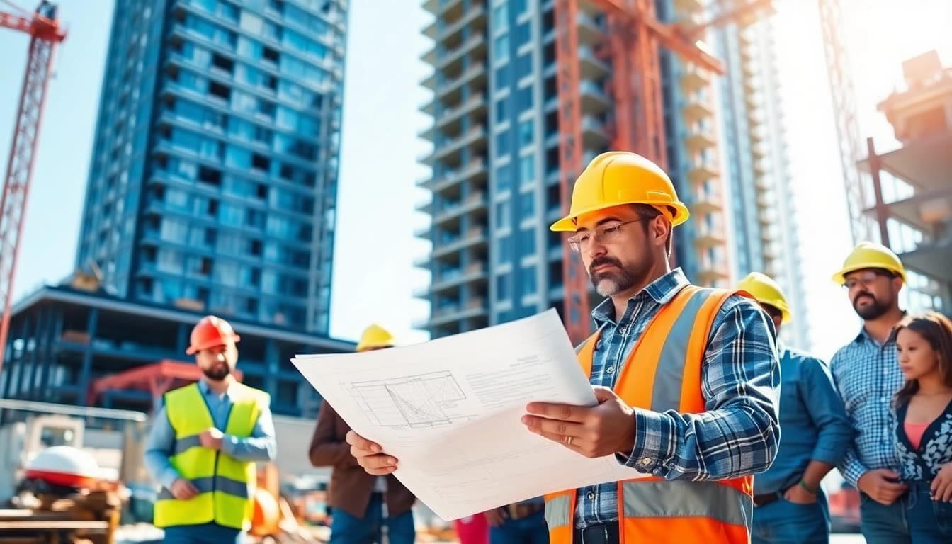 Focused New Jersey Commercial General Contractor on-site reviewing blueprints amidst urban construction.