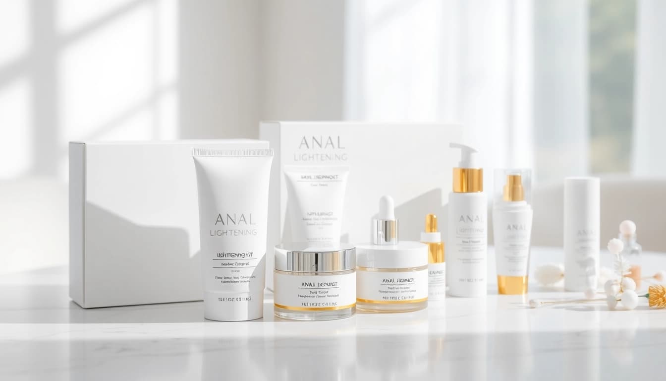 Enhance skin tone with anal lightening products showcased on a marble table.