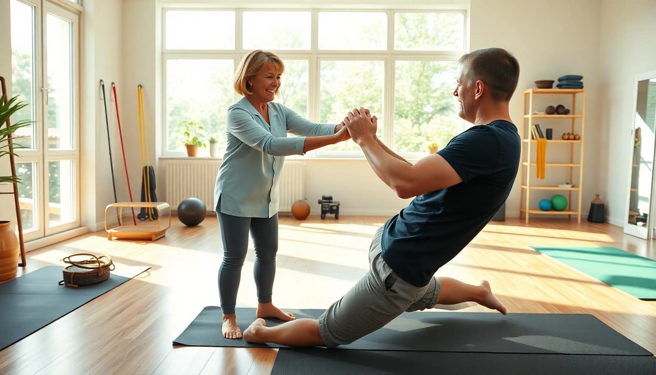 Practitioner guiding client through back pain remedies in a serene therapy setting.