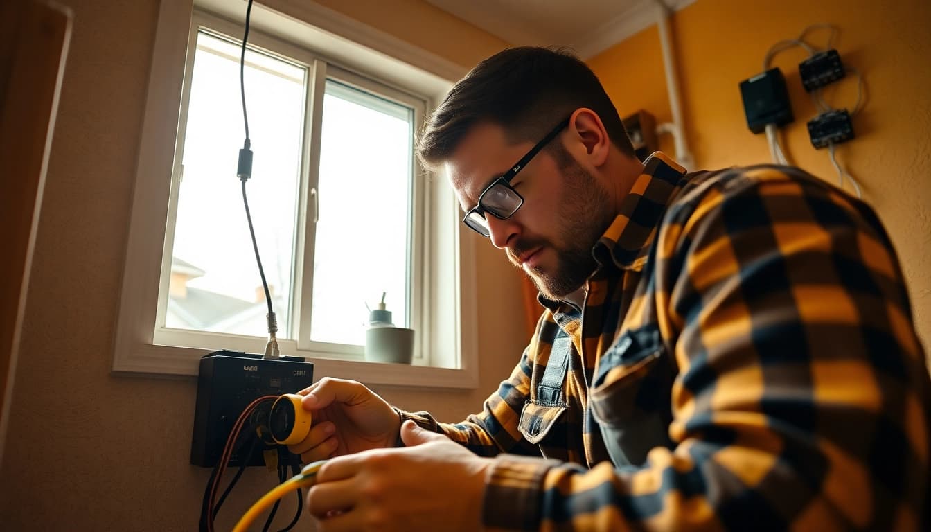 Electricians in Vancouver focused on residential wiring in a warm, inviting workspace.