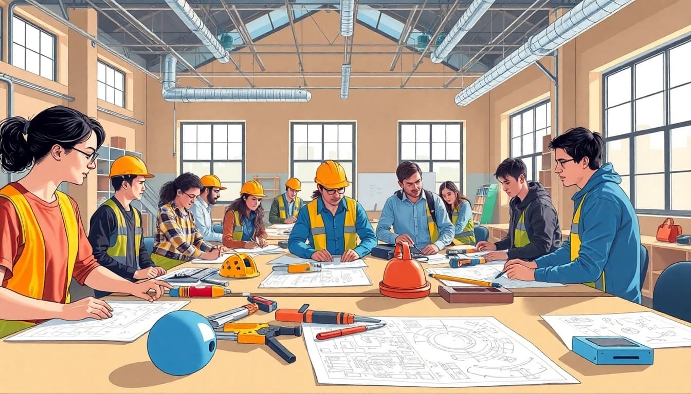 Engaged students in construction education workshop learning hands-on skills with tools.