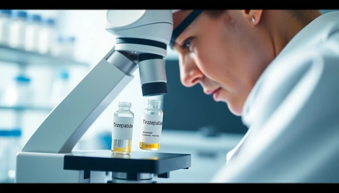 Examining Tirzepatide under a microscope in a professional lab setting, highlighting research.