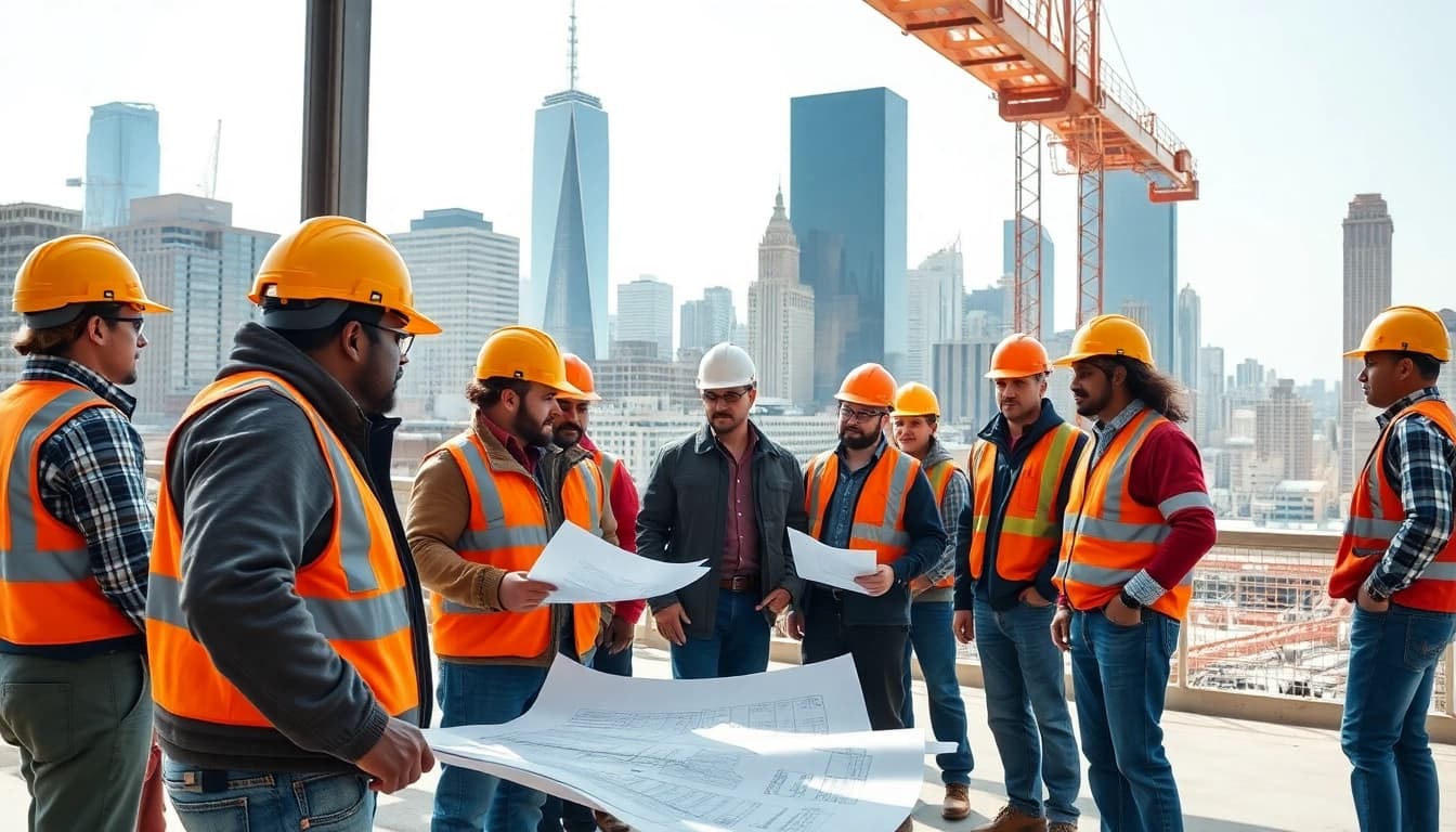 New York Construction Manager guiding a diverse team on a busy construction site with blueprints.