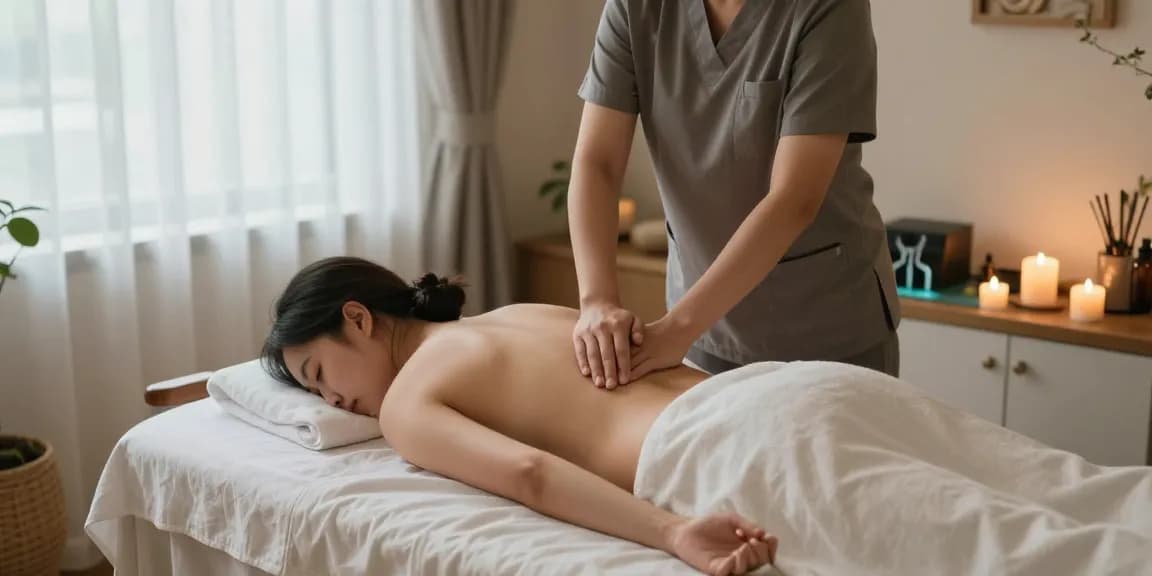 강서구출장마사지 in a tranquil therapy room, therapist providing a soothing massage.