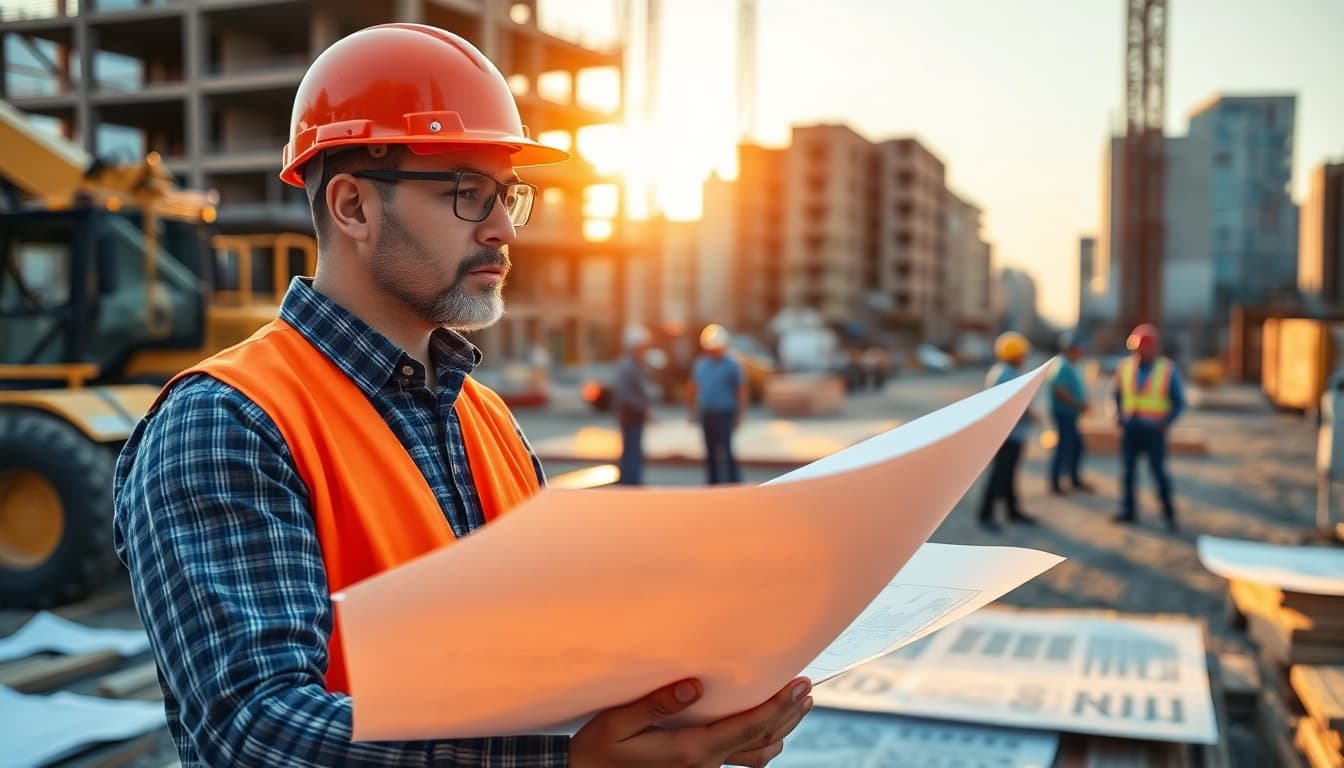 New York Construction Manager supervising a construction site, showcasing leadership and teamwork.