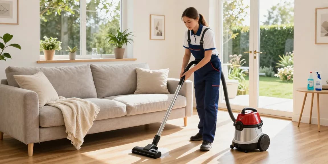 Professional cleaning technician showcasing umzugsreinigung solothurn expertise in a bright living room.
