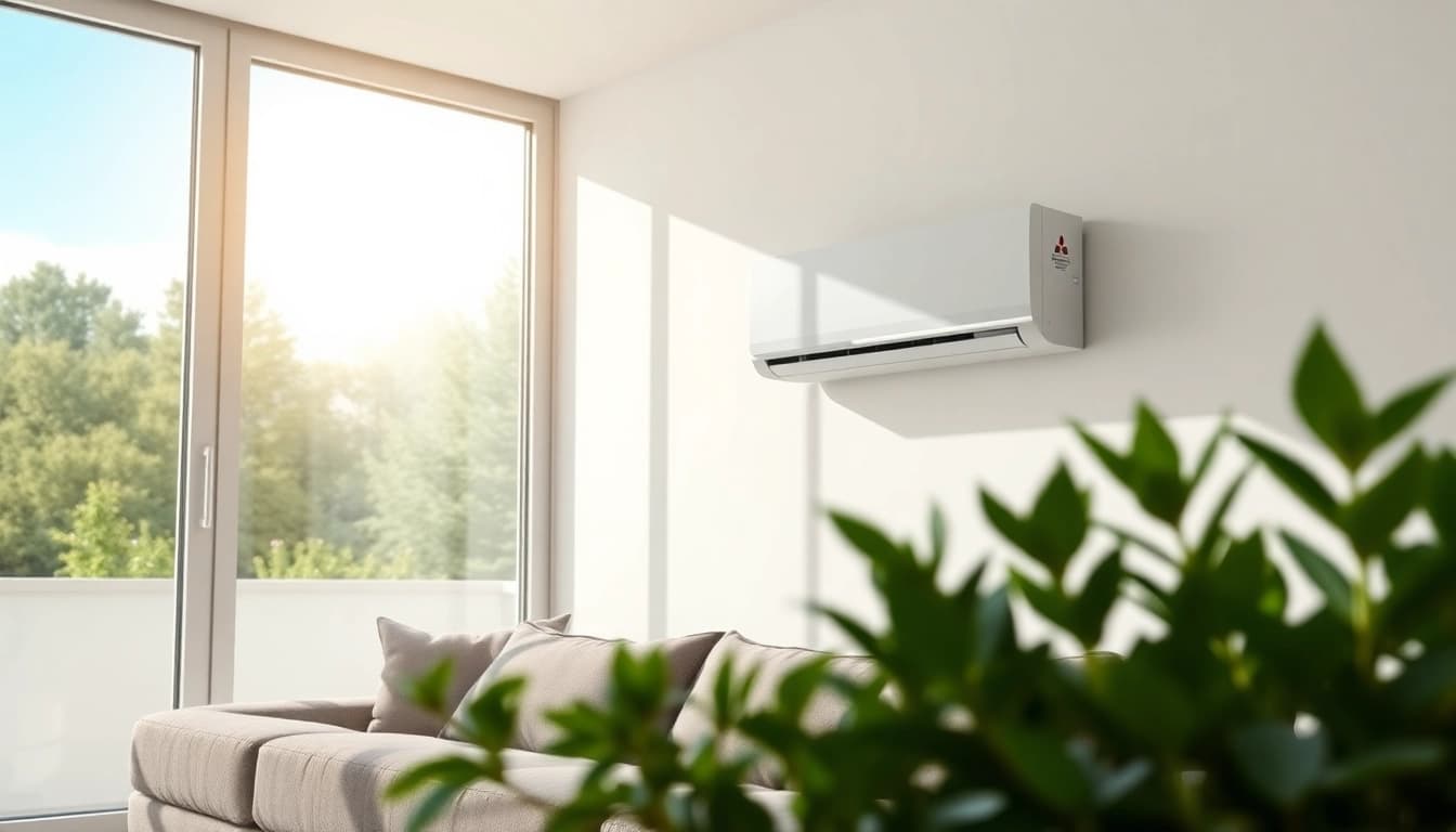 Mitsubishi mini split AC system installed in a chic indoor space, showcasing modern design.
