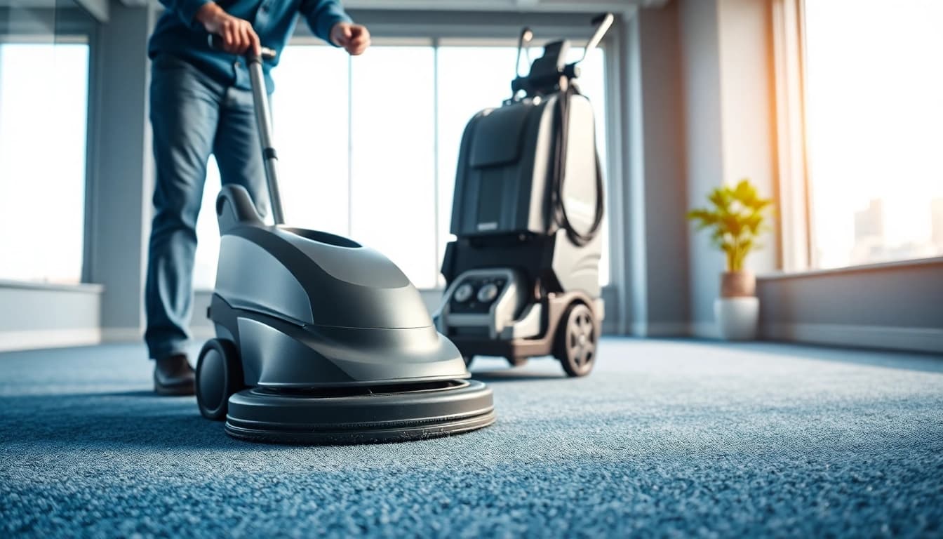 See a cleaning technician operating commercial carpet cleaners in a sunlit office, emphasizing efficiency and professionalism.
