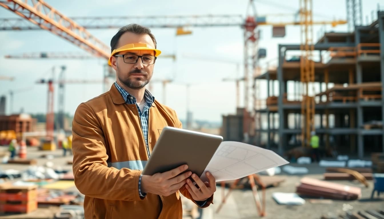 New Jersey Construction Manager reviewing construction blueprints at a lively worksite.