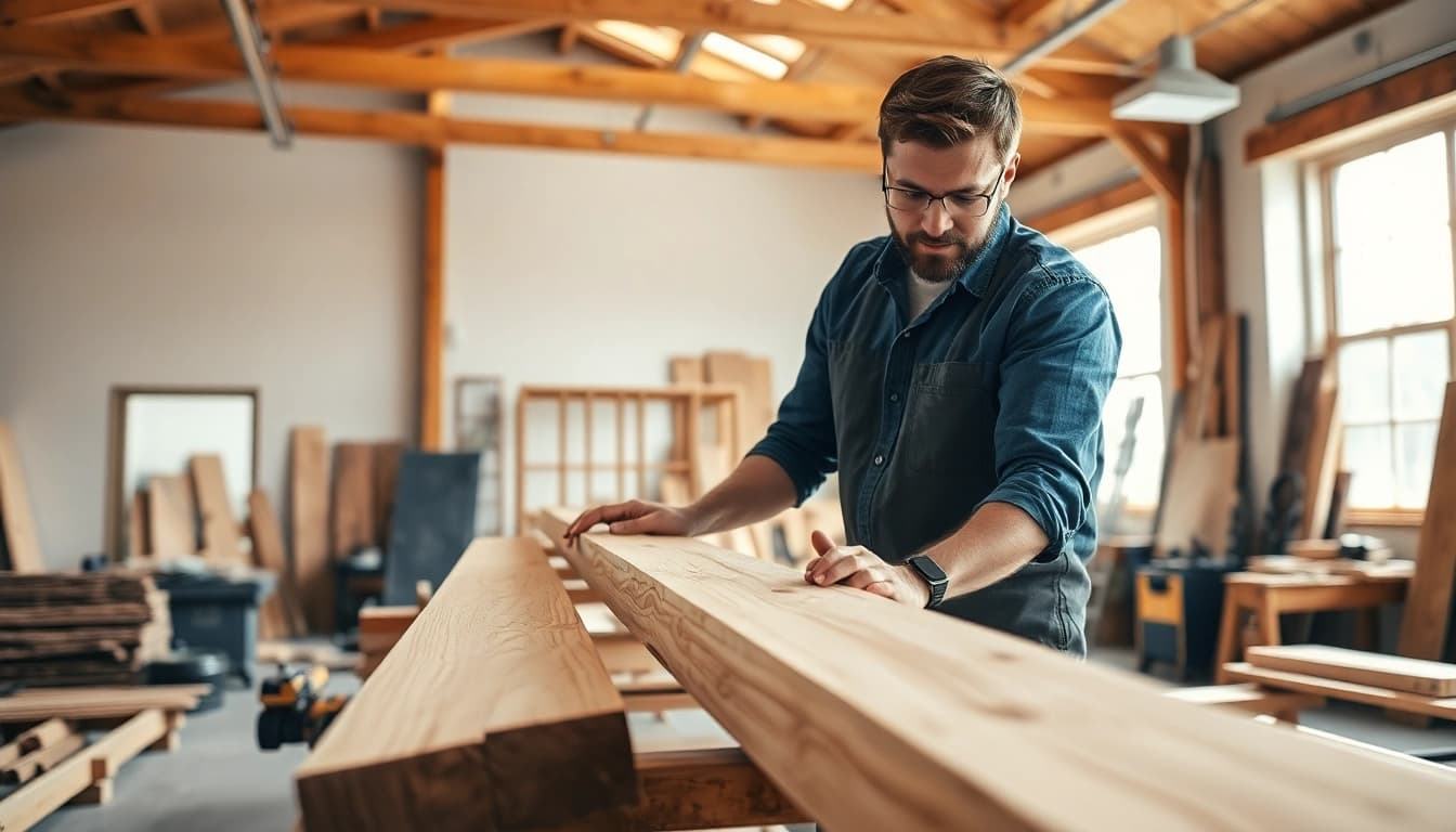 Carpentry apprenticeship in action as a carpenter constructs wooden framework, showcasing skill.