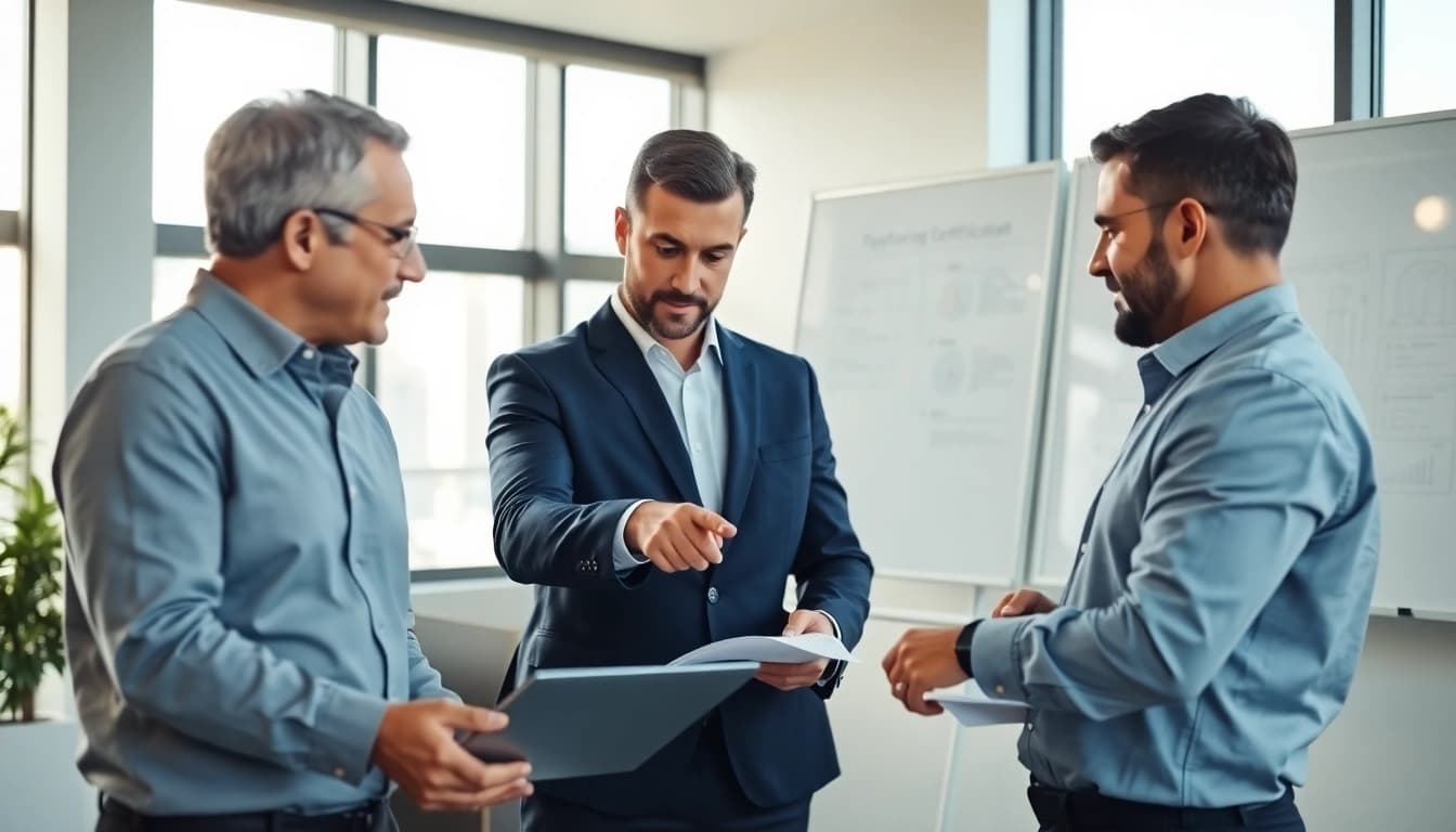 Consultants analyzing data on registration and certification in Federal databases within an office environment.