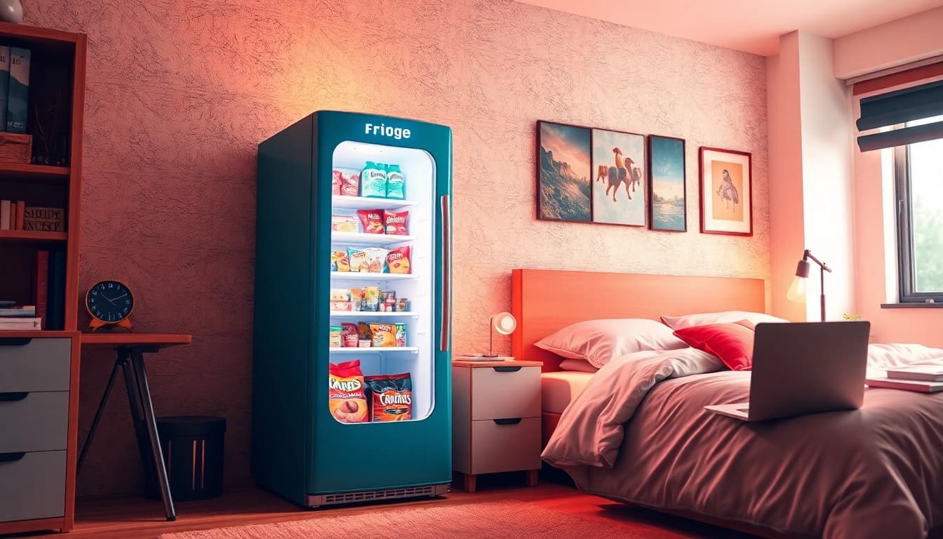 Dorm room fridge filled with snacks and drinks in a trendy college setting.