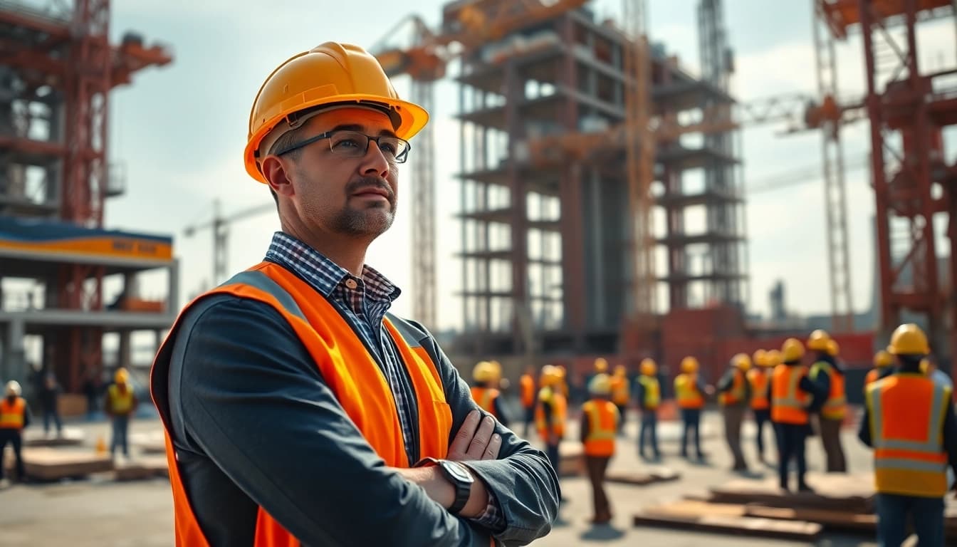 New York Construction Manager supervising an active construction site bustling with workers.