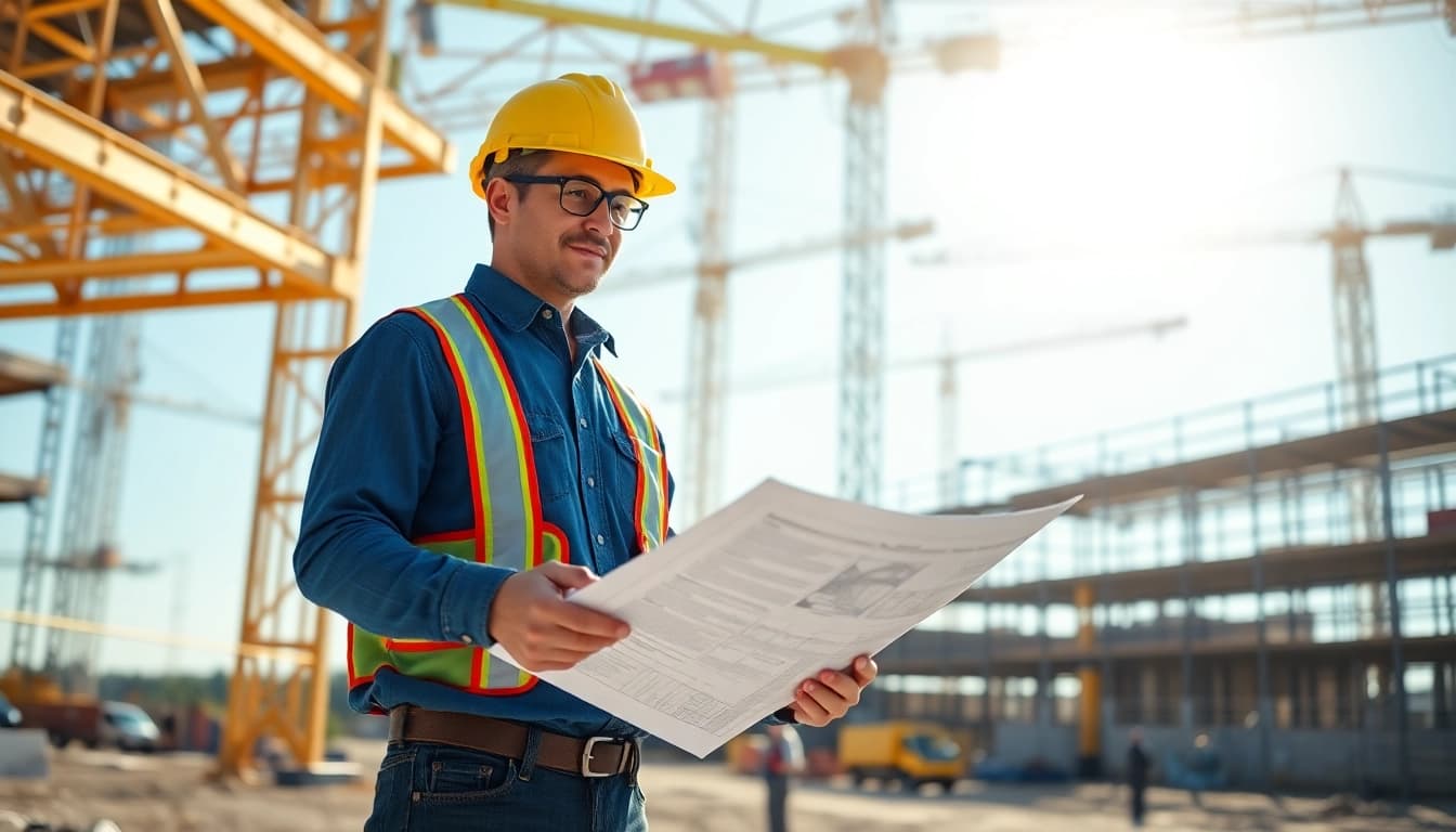 New Jersey Construction Manager analyzing plans on-site amidst active construction.