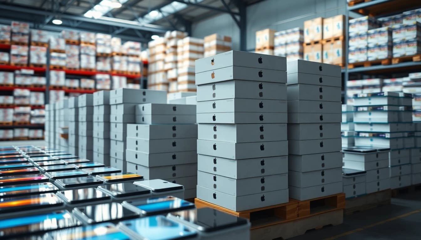 Showcase of liquidation iPhone Pallets for Sale – 20 Units (High Resale Value) in a vibrant warehouse setting.