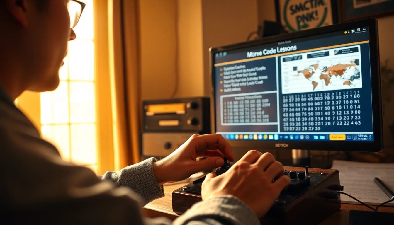 Engaging scene of learning Morse code with a telegraph key and audio aids.