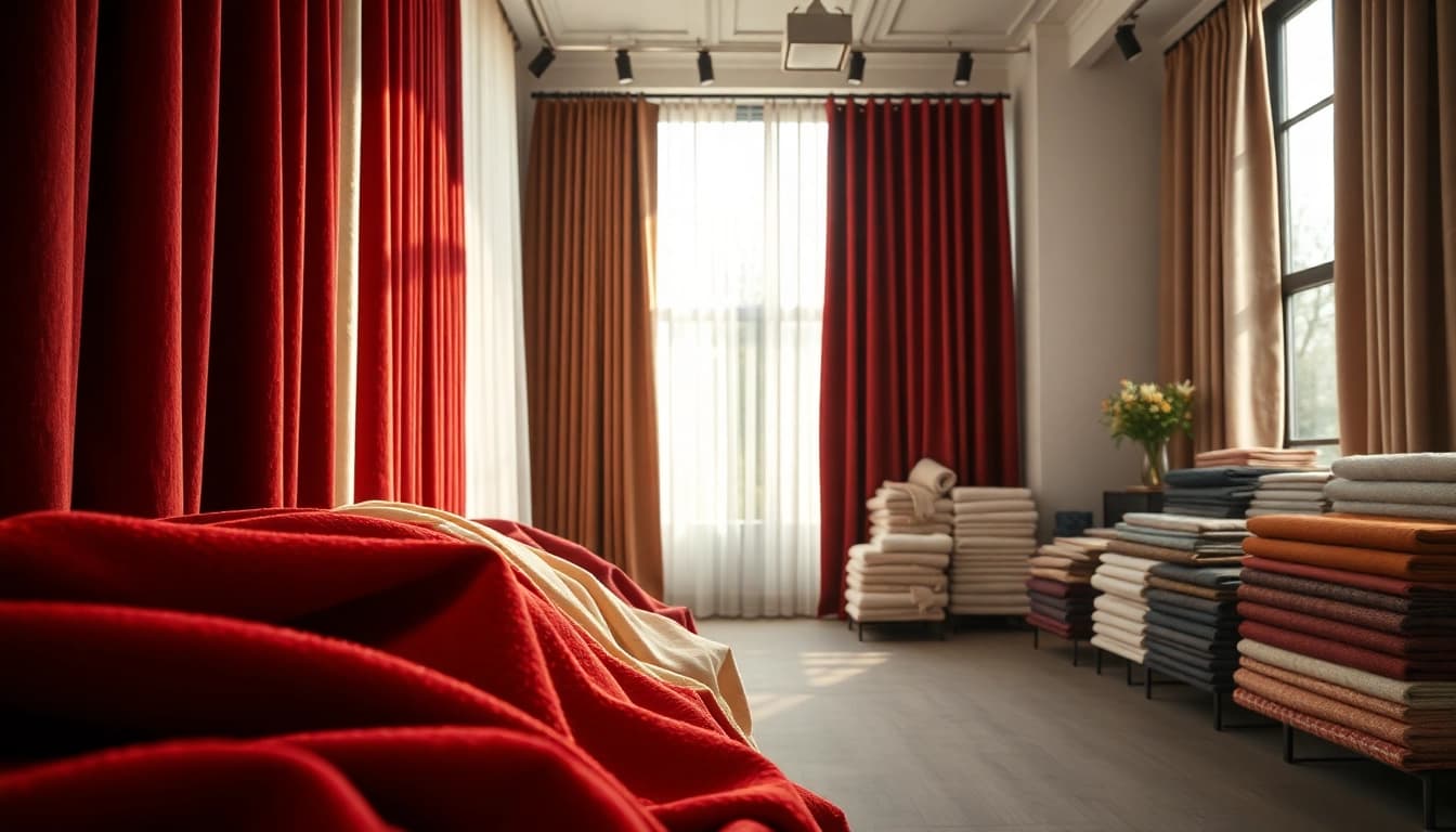 Stof voor gordijnen: Elegante weergave van verschillende gordijnstoffen in een showroom.