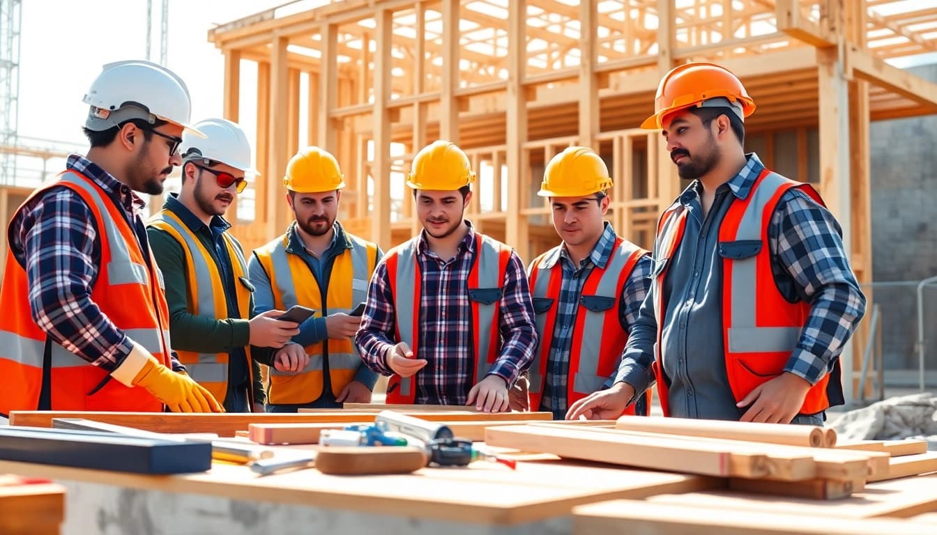 Construction apprenticeship training in action with apprentices collaborating on a project at a job site.
