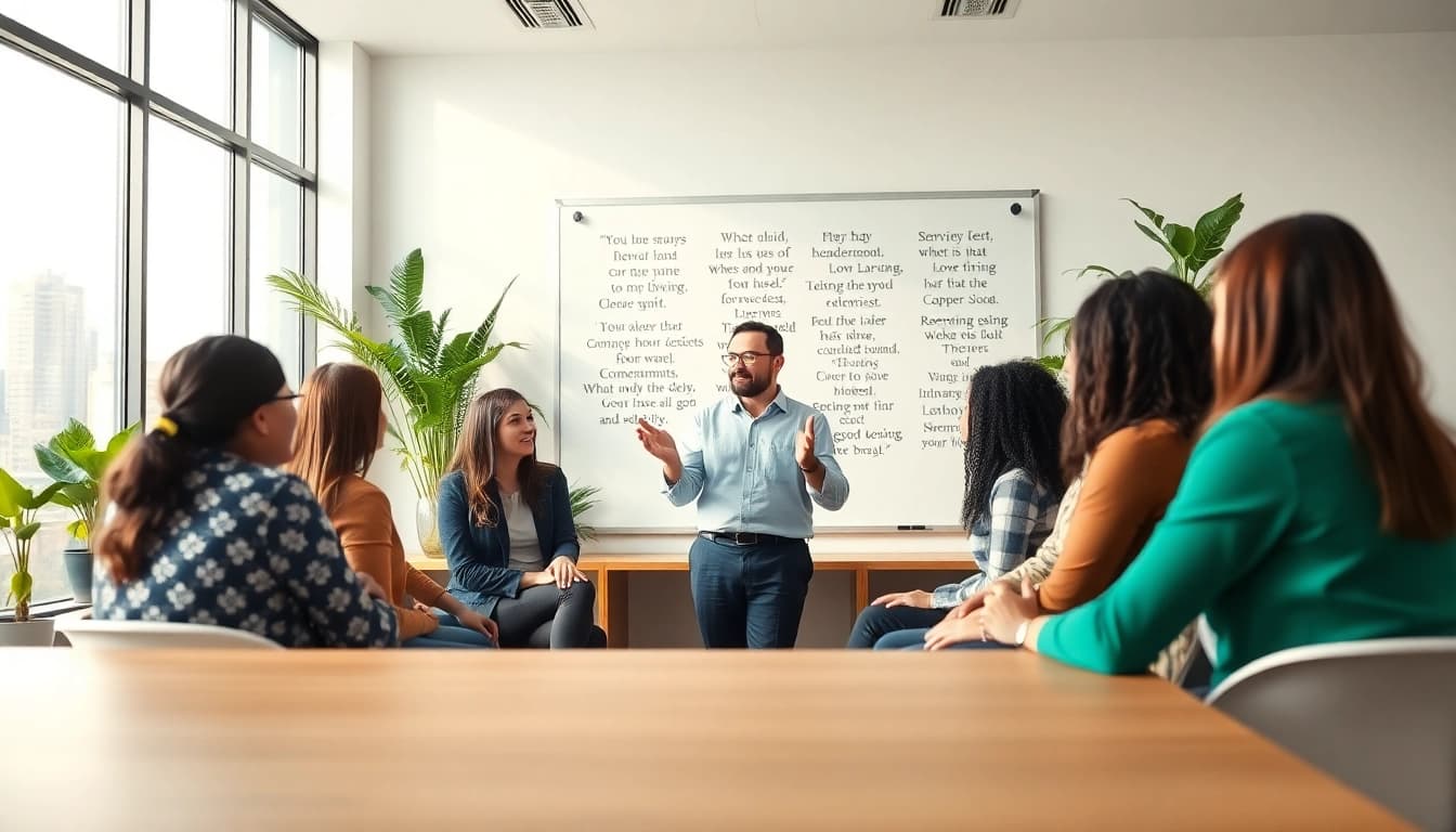 Leadership coach guiding a diverse group in a modern office setting, fostering professional growth.