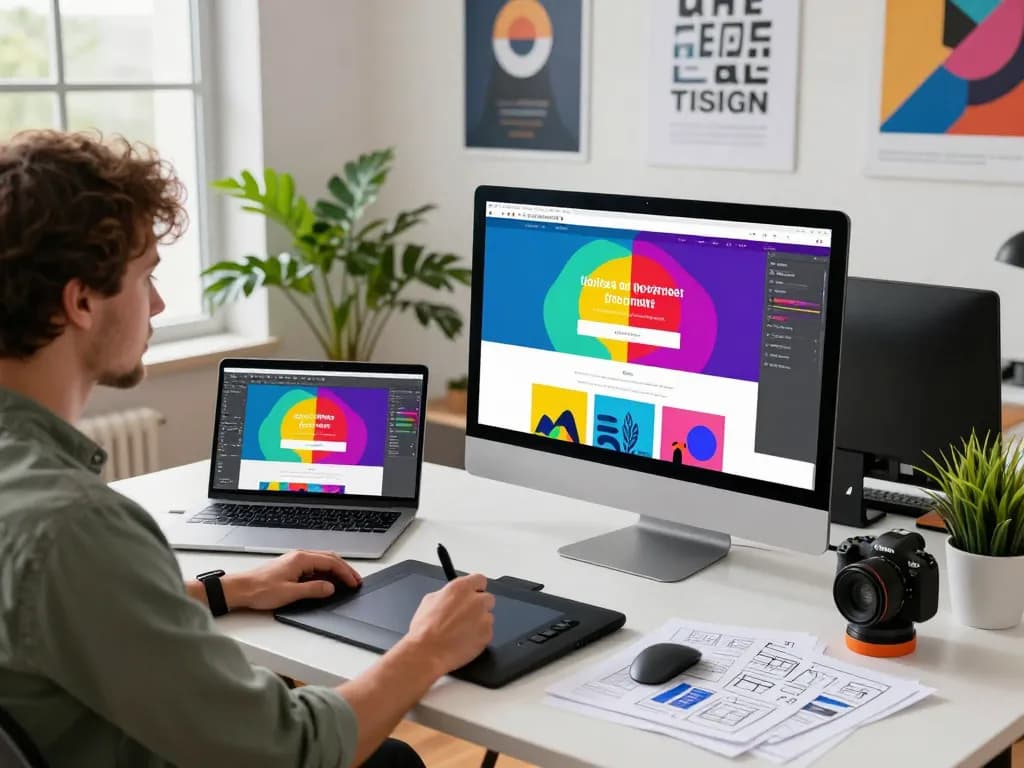 Hire web designer in a modern studio, showcasing colorful website mockups and design tools amid a creative atmosphere.