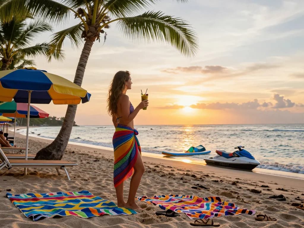 Bali tour packages: Enjoying a beautiful sunset at Bali beach with palm trees and tropical vibes.