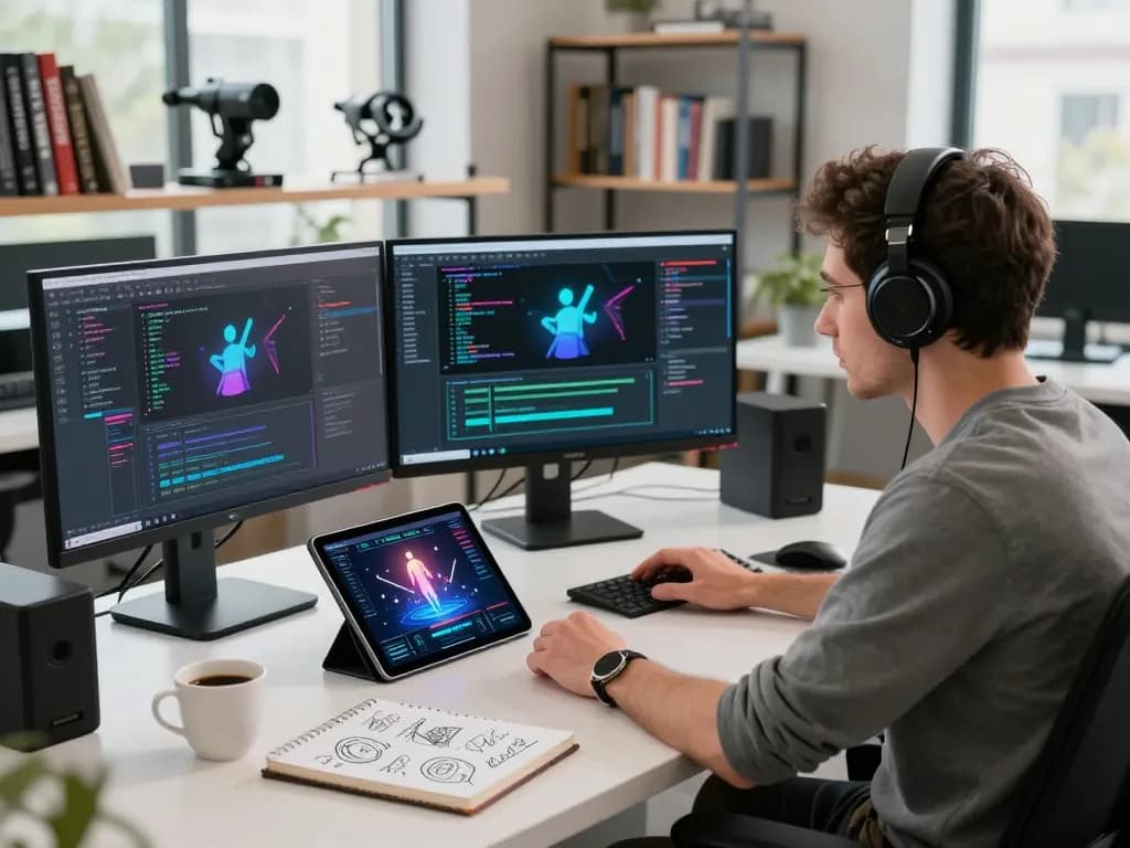 Developer creating AI-driven motion control software in a modern workspace, showcasing mind control ai technology.