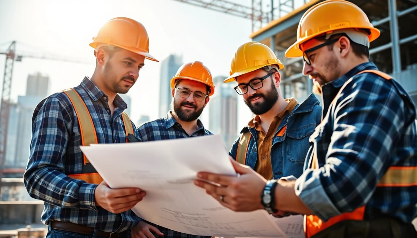 Dynamic teamwork in a construction career, highlighting workers in action on a vibrant building site.