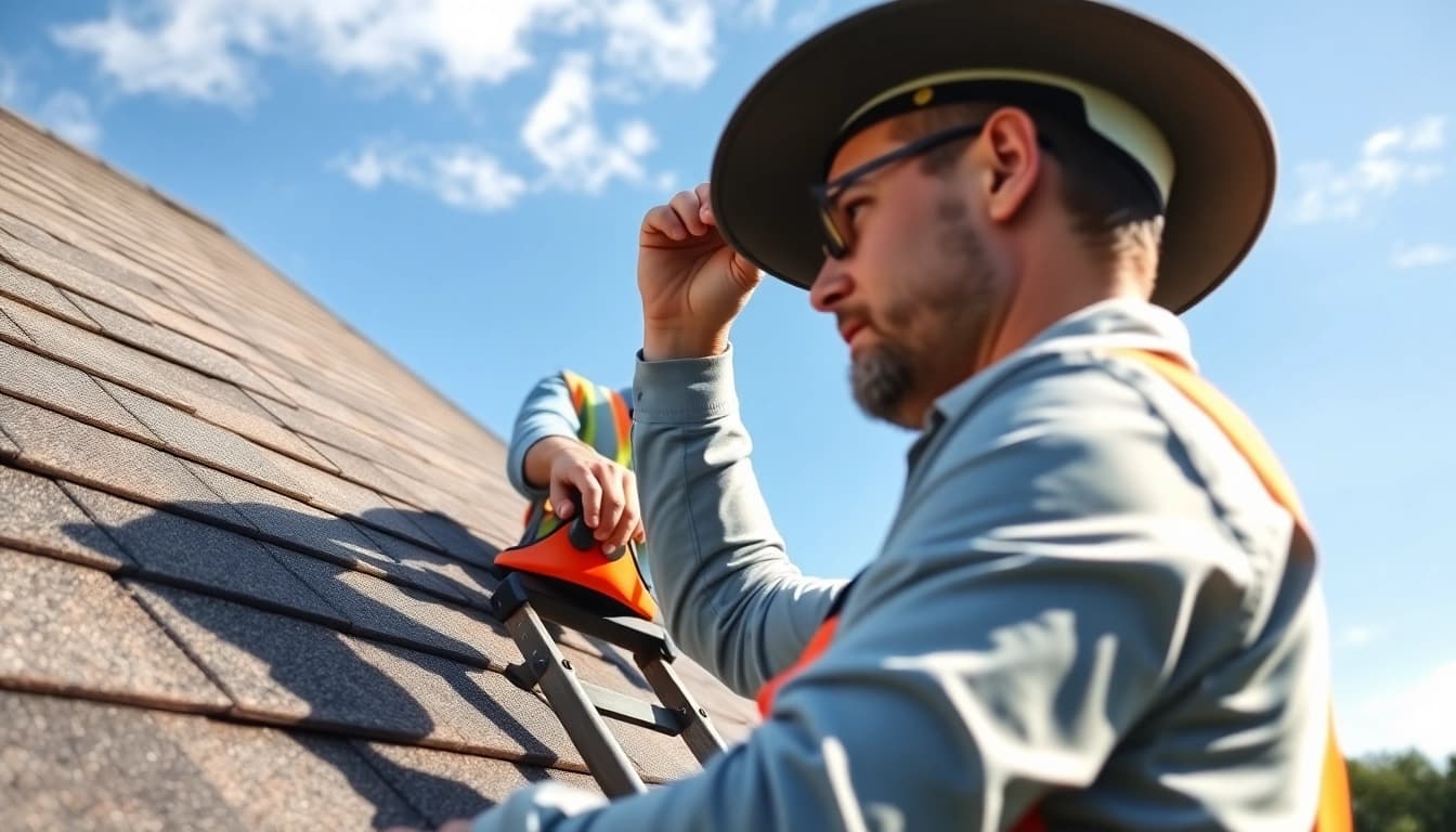 Roofing contractor inspecting shingles on a residential roof, emphasizing safety and professionalism.