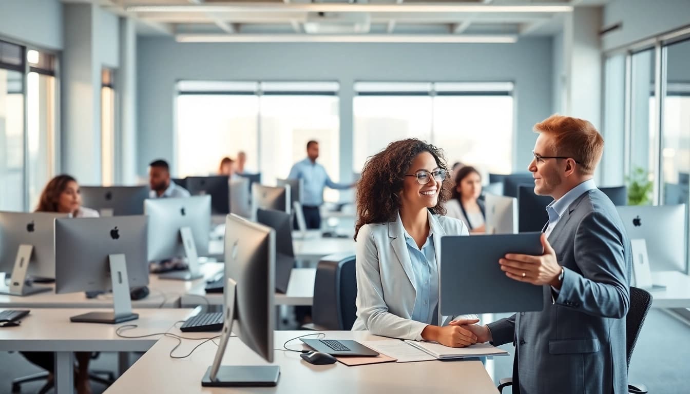 Expert tax preparer assisting a client in a professional office.