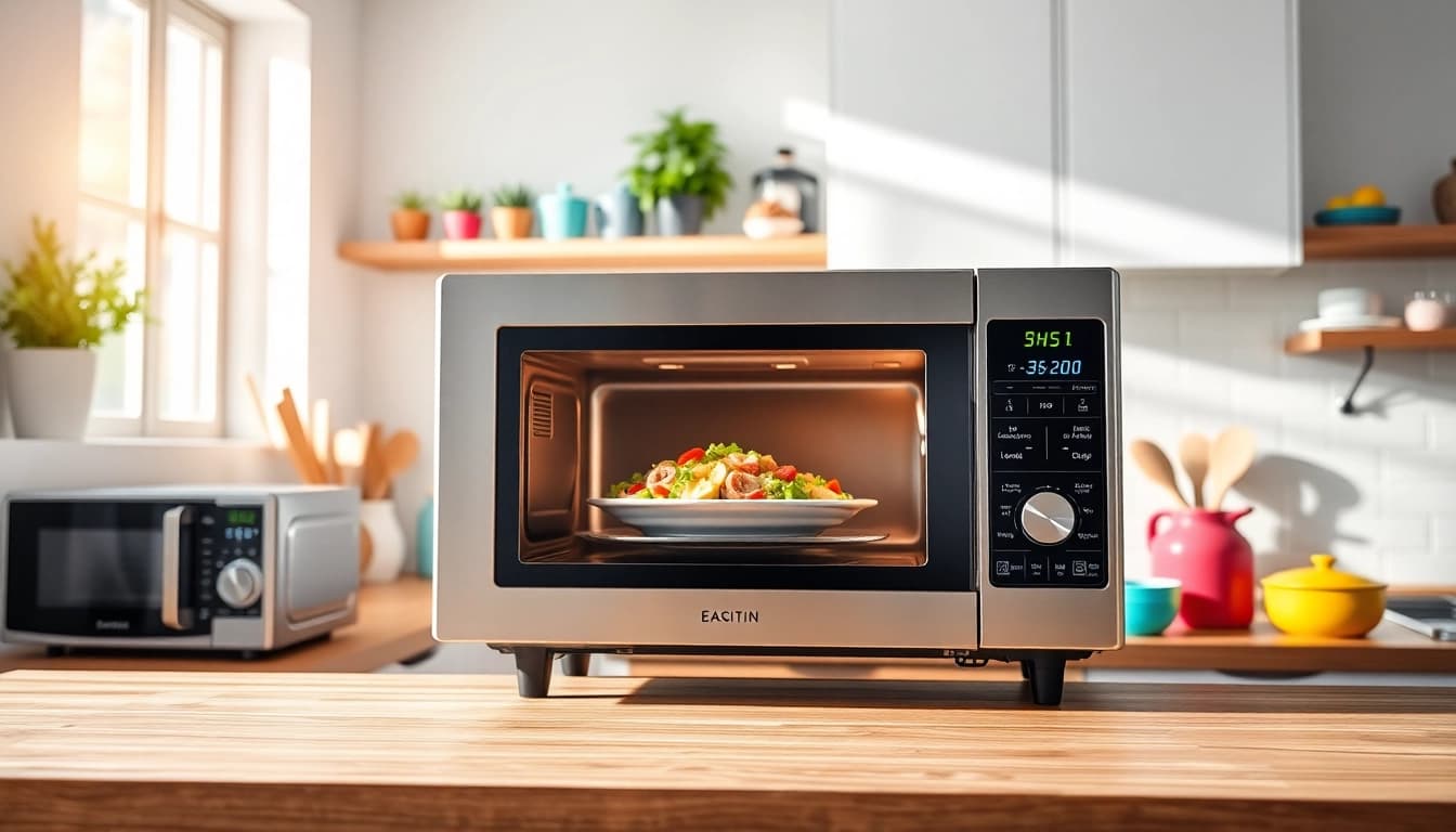 Showcase of Microwave Oven Sales with a modern stainless steel microwave in a bright kitchen.