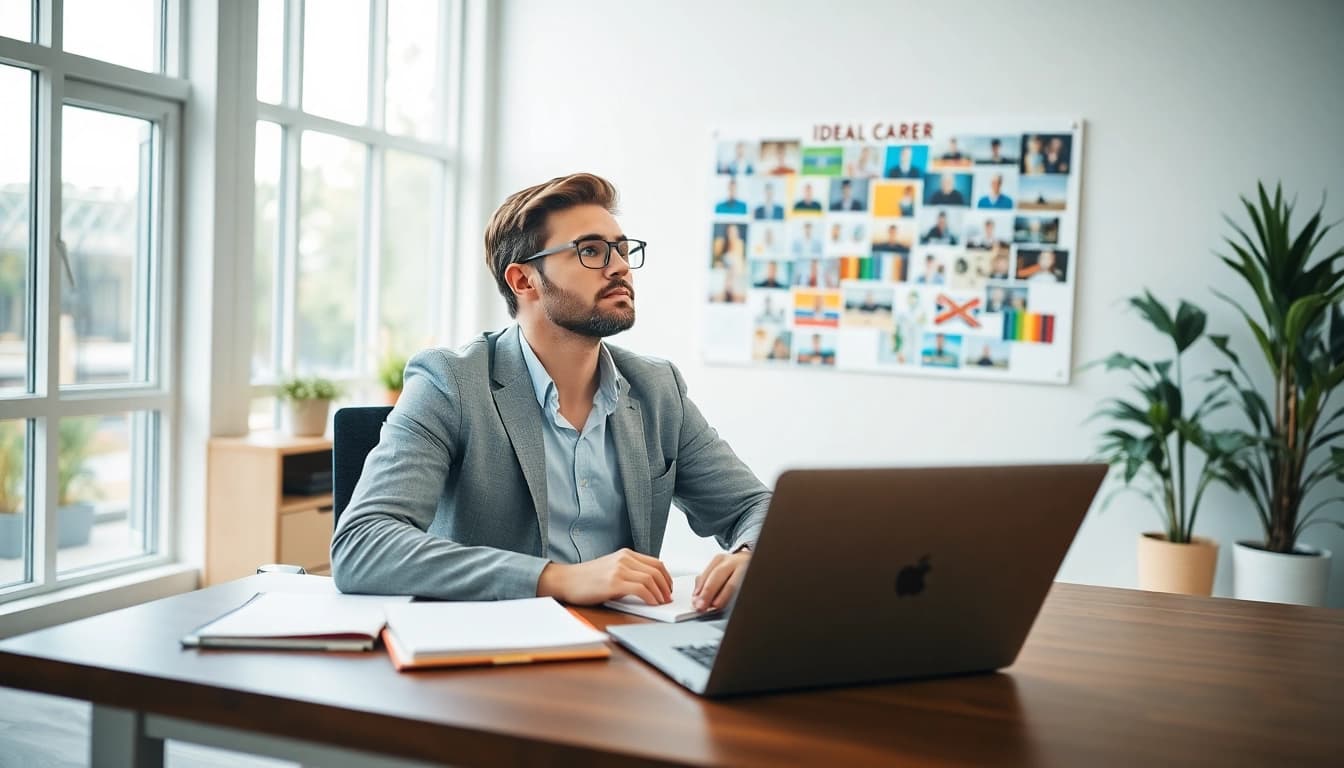 Visualize an individual exploring options for their ideal career in a bright office setting.