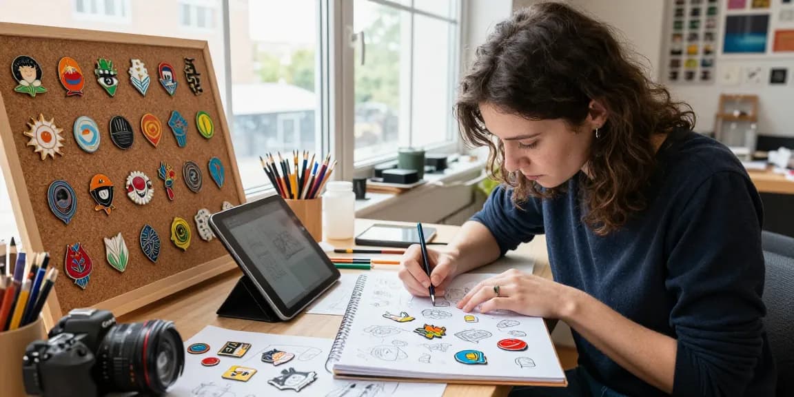 Designer creating custom enamel pins with vibrant colors and sketches in a bright studio.