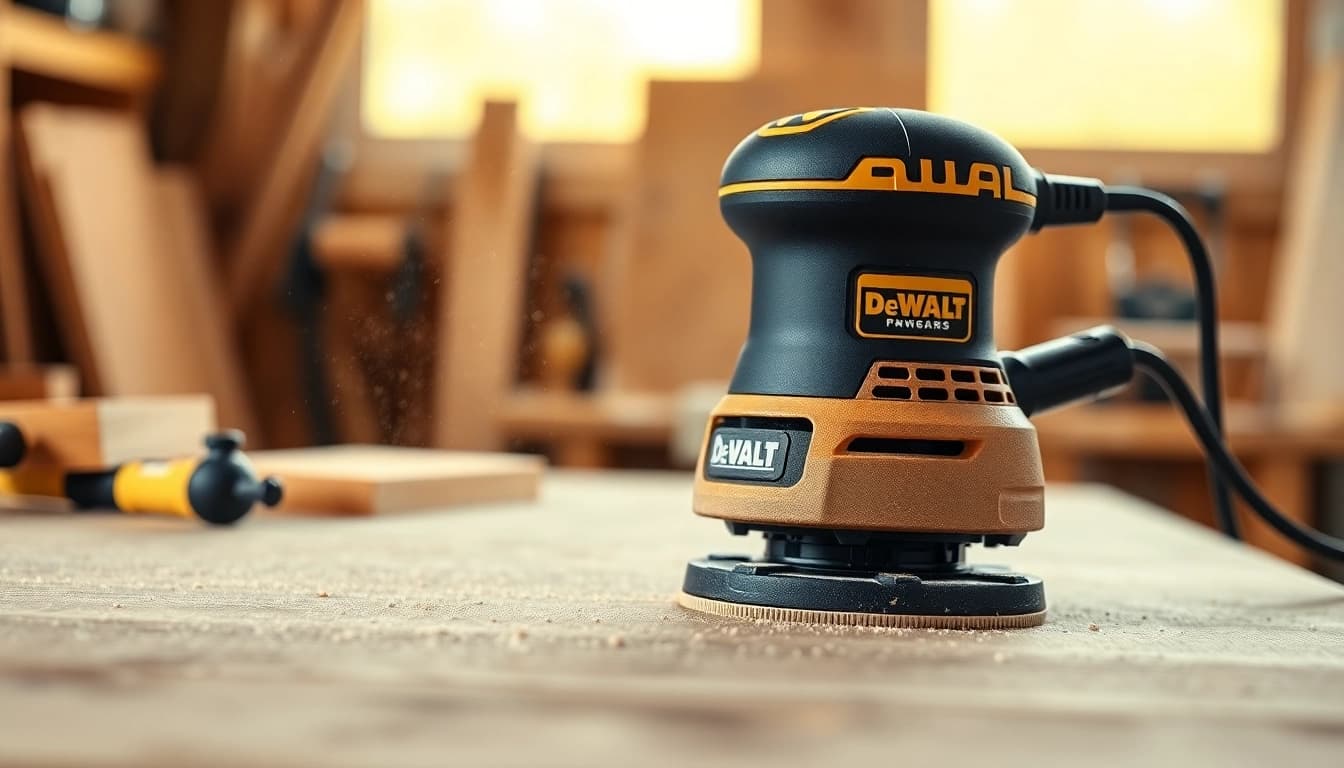Use the DeWalt DWE6423 sander for precise sanding on wood surfaces in a workshop setting.