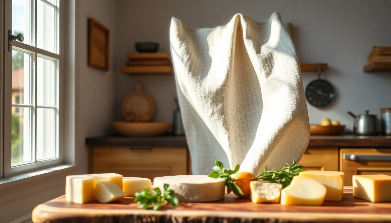 Een kaasdoek die elegant over een houten tafel hangt, omringd door kaas en kruiden.