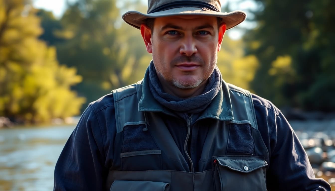 Angler displaying stylish fly fishing apparel in a beautiful riverside setting.