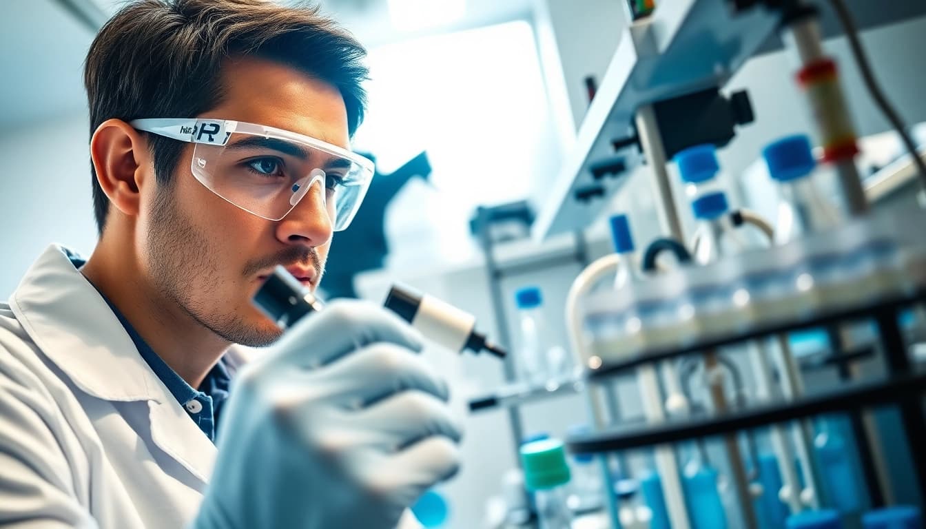 Hydro Research showcases a scientist analyzing peptides in a modern lab, highlighting innovation and precision.