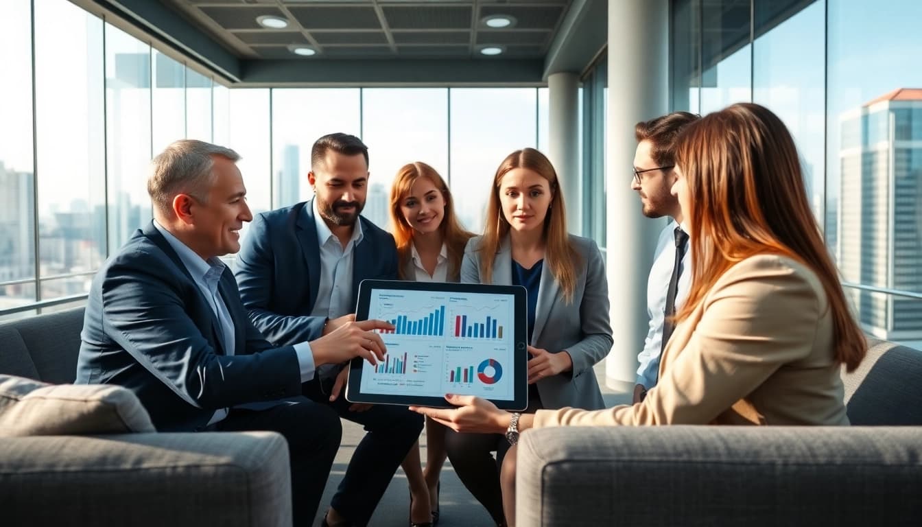 Boosting b2b competitive intelligence through team collaboration in a modern office.