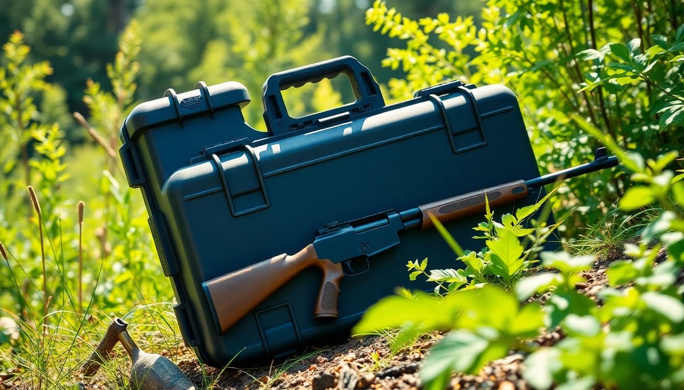 Pelican gun case for sale prominently showcased in a natural outdoor setting.