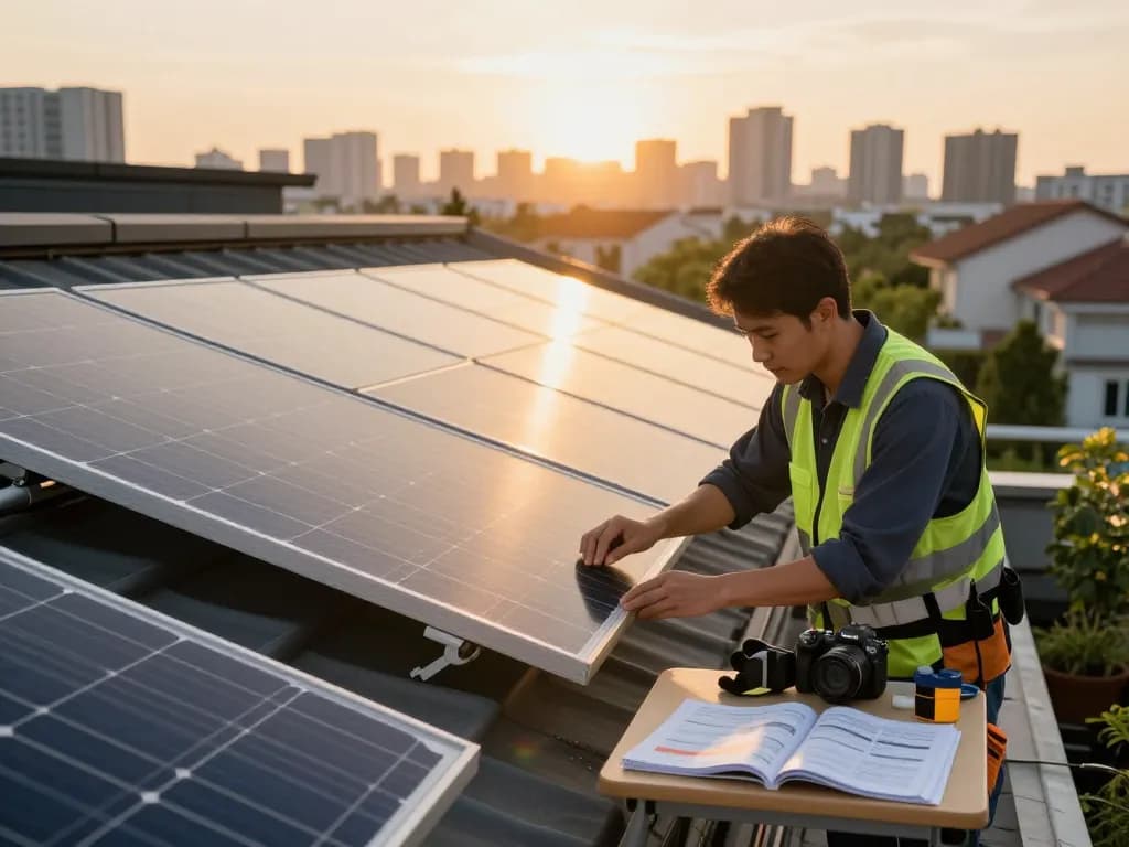 Technician inspecting PID-resistentie zonnepanelen on a rooftop, showcasing modern solar technology.
