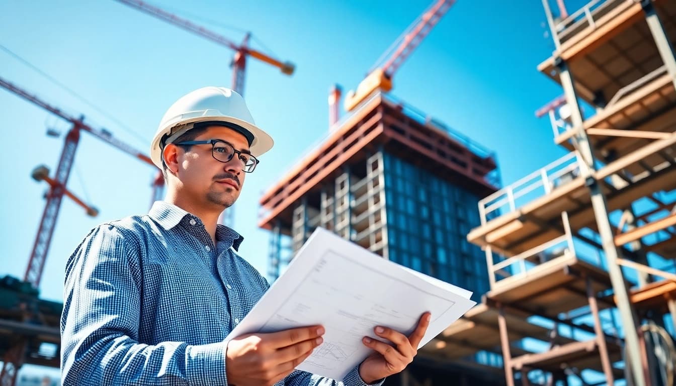Manhattan General Contractor supervising construction work with blueprints on site.