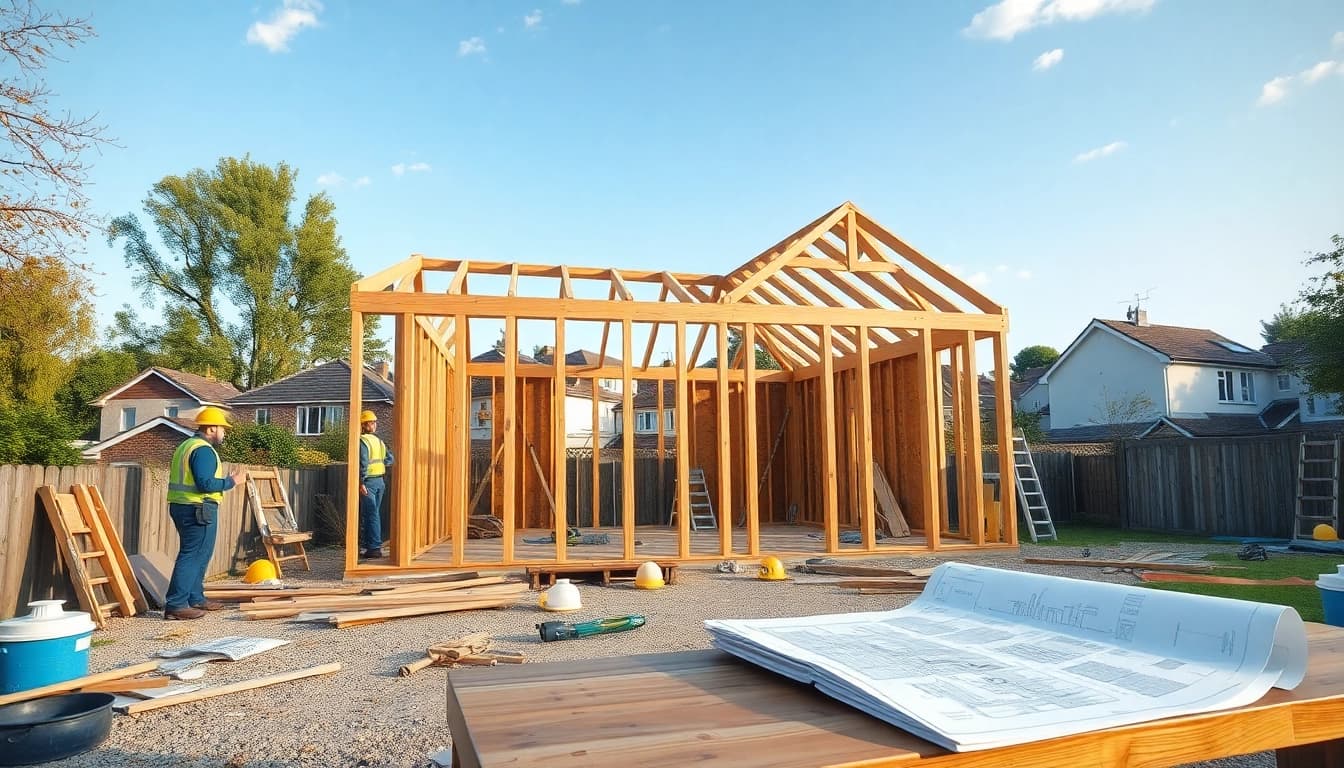 House extension construction site showcasing builders framing a new extension.