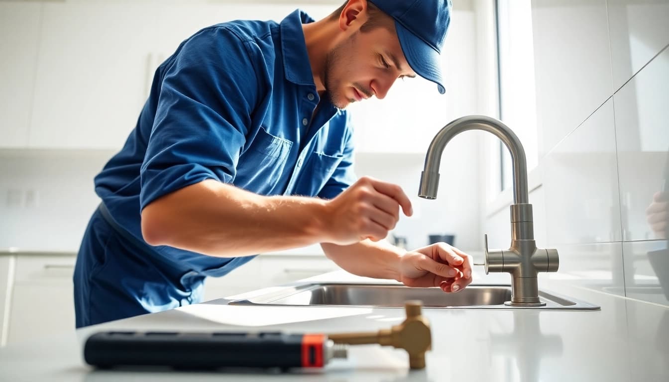 Find a reliable plumber near me fixing a faucet in a modern kitchen setting.