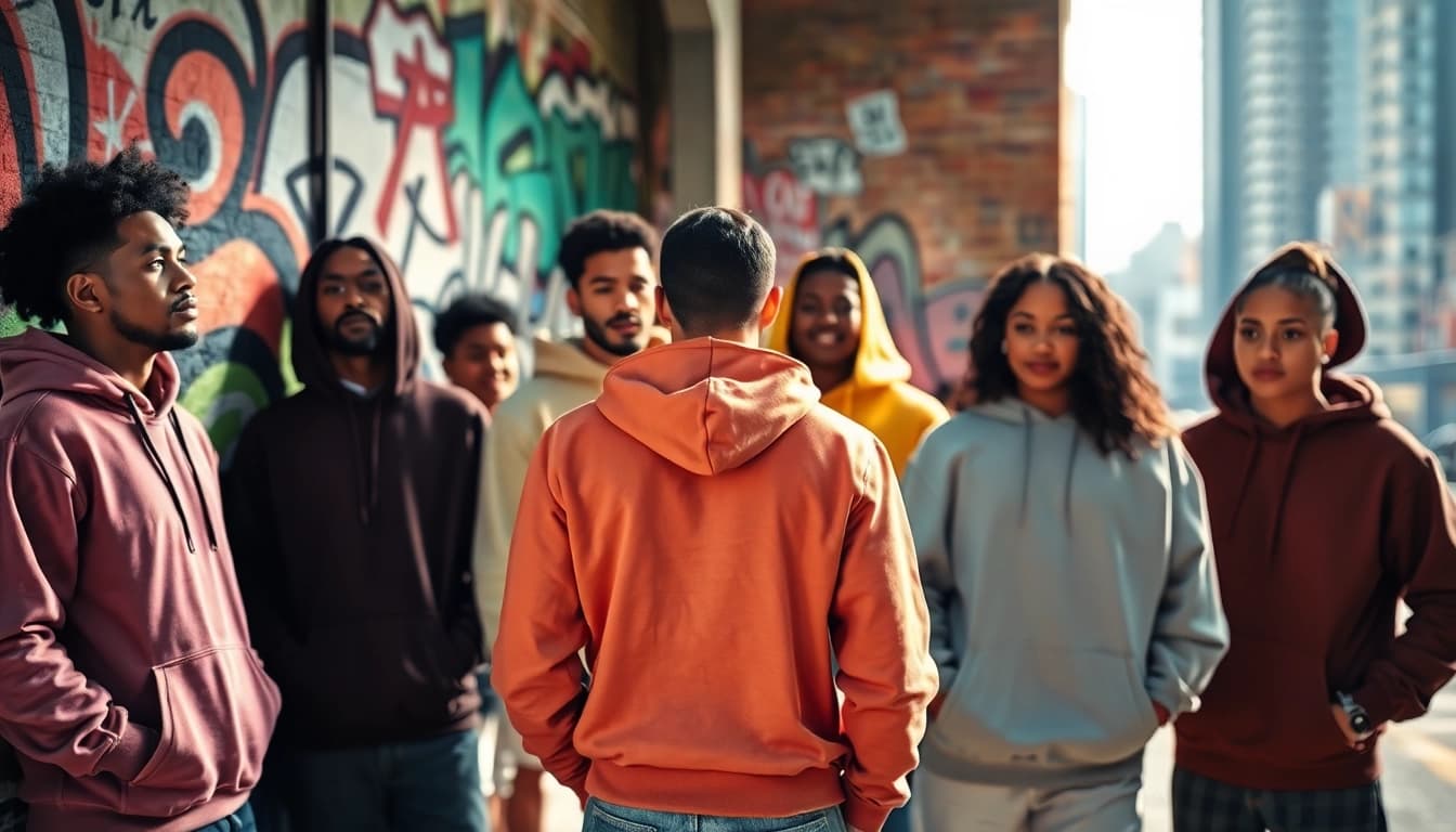 Show stylish models wearing plain hoodies in an urban setting with vibrant colors.