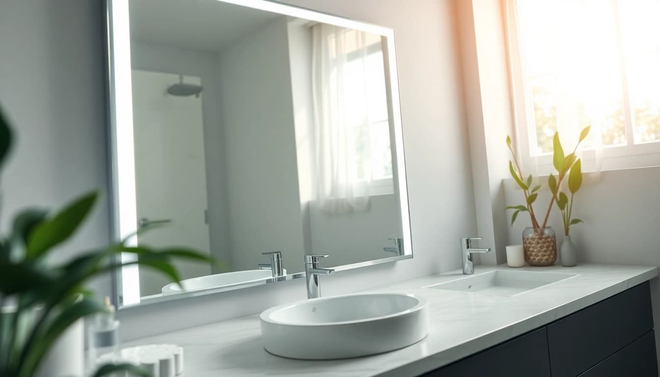 Admire the elegance of an exquisite elegant LED mirror in a modern bathroom.
