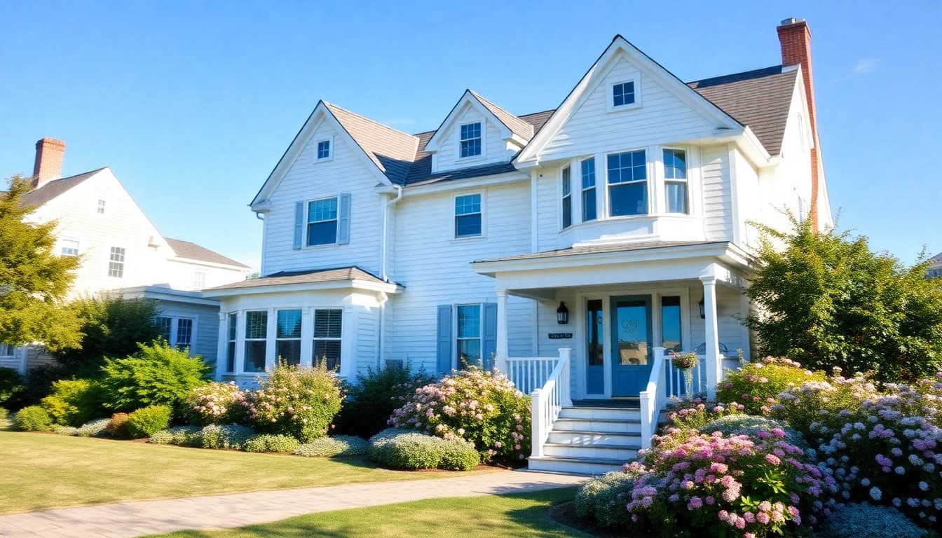 Showcasing beautiful cape cod homes with classic architecture and blooming gardens.