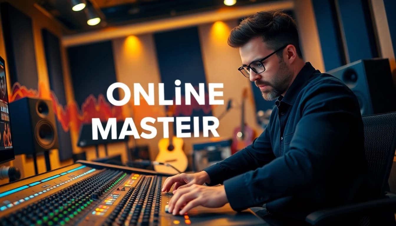 Mastering online audio tracks with a professional audio engineer at a mixing console.