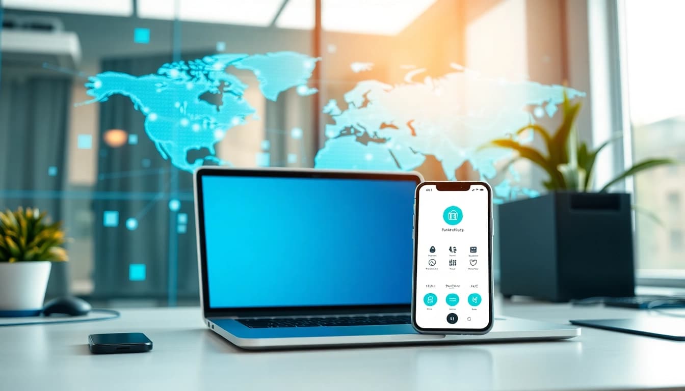 适用于 Android 与 iOS 的快连下载在现代工作空间的设备上展示。